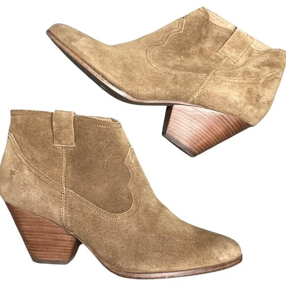 Frye Reina Ankle Boots 10 Cognac Suede Western Ankle Zip Stacked Heel Booties - Picture 6 of 15